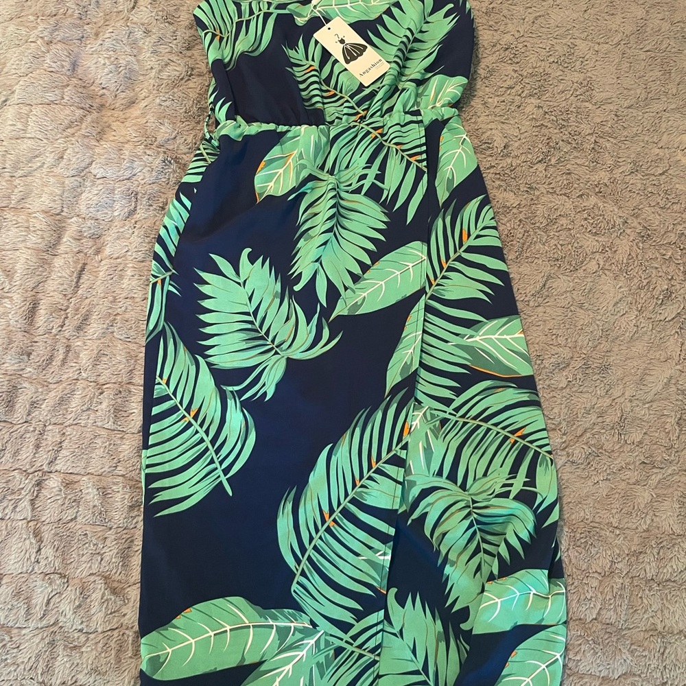 Tropical Leaf Print Midi Dress